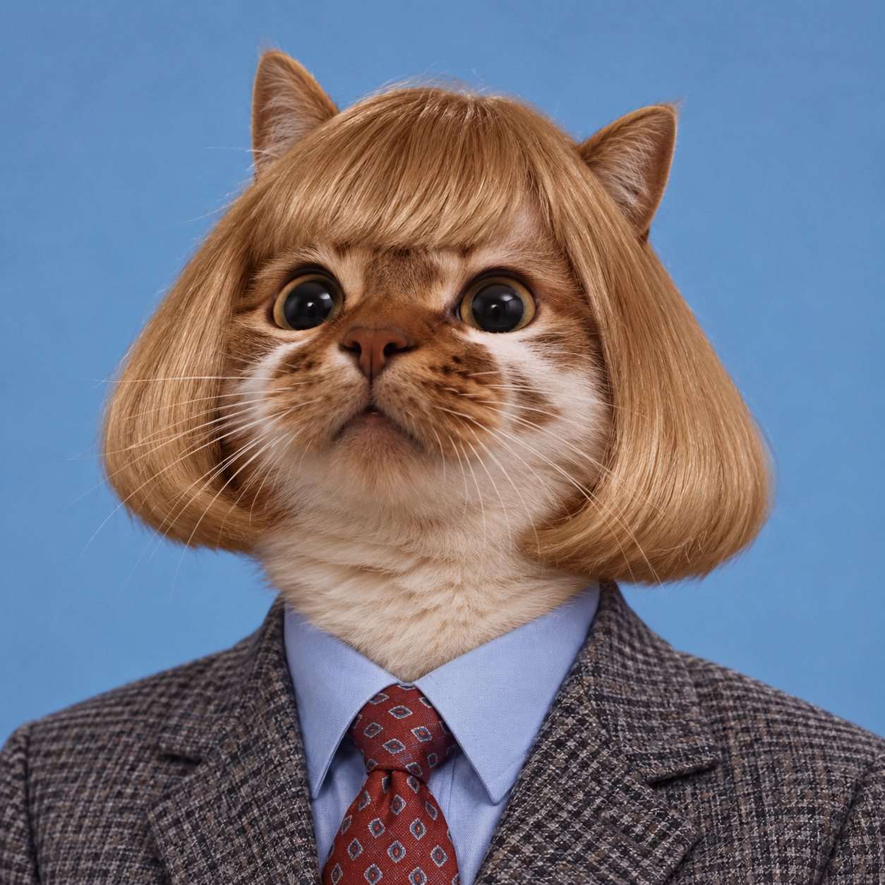 JeanWhip, a bob-haired cat in a business suit and tie